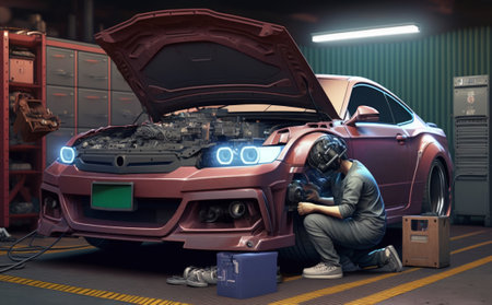 Car mechanic repairing a car in auto repair shop.の素材