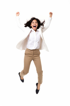 excited young businesswoman jumping in the air with hands in the airの素材