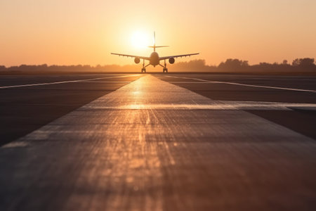 Airplane on the runway in the airport at sunset. Travel conceptの素材