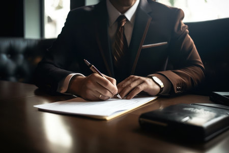 Businessman signing a contract in a cafe. Business and finance concept.の素材
