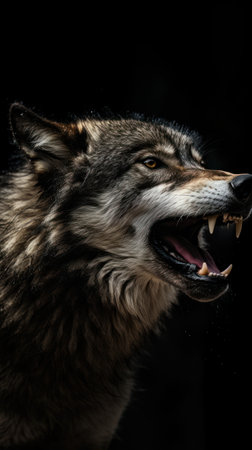 Close-up portrait of a wolf howling on a black backgroundの素材