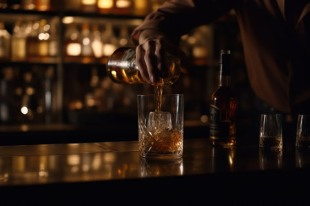 Bartender pouring whiskey from bottle into glass at bar counter, closeupの素材
