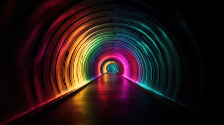 a corridor with colorful lights in the dark.の素材