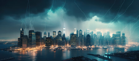 Panorama of the city at night with lightning strikes and skyscrapers