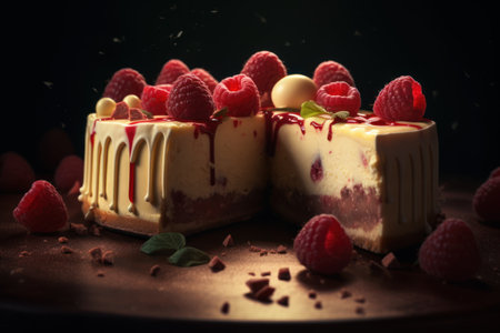 Cheesecake with raspberries and chocolate on a dark backgroundの素材