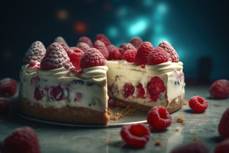 Raspberry cake with whipped cream and fresh raspberries, selective focusの素材