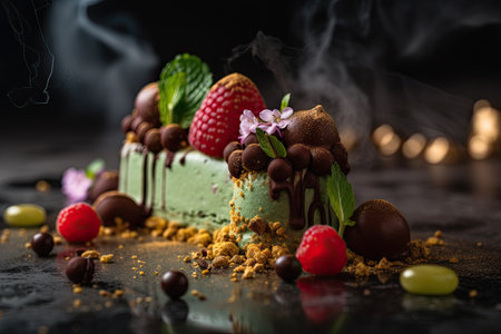 Piece of chocolate cake with fresh berries and mint on dark backgroundの素材