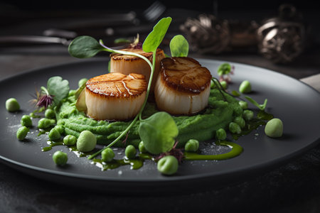 Grilled scallops with green peas and microgreens.の素材