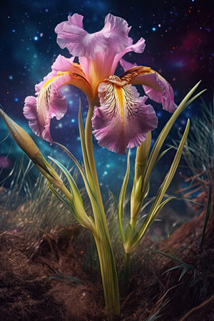 Iris flower in fantasy landscape with stars.  illustration.の素材