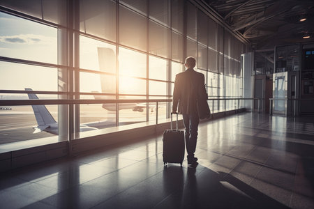 Businessman with suitcase at airport terminal. Travel and tourism concept.の素材