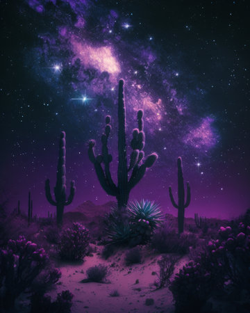 Cactuses in the desert against the background of the Milky Wayの素材