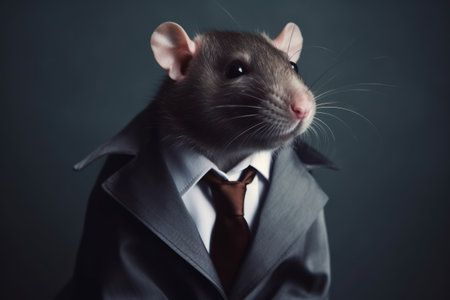 Gray rat in a business suit and tie on a dark background.の素材
