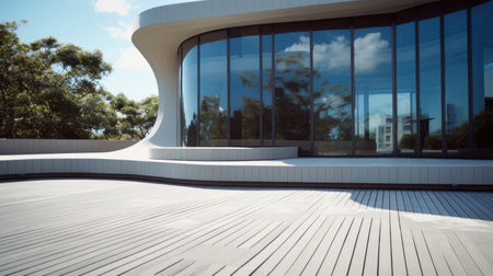 Exterior of a modern building with a wooden floor and a glass facadeの素材