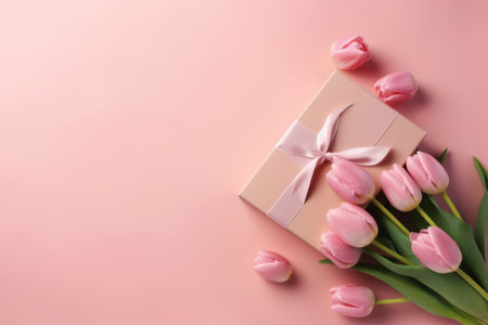 Gift box with pink tulips on pink background. Top viewの素材