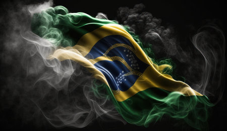 Brazilian national flag from thick colored smoke isolated on black background, abstract smoke backgroundの素材