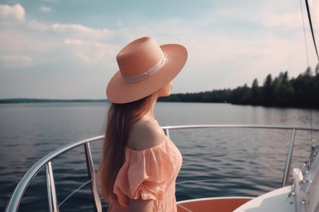 Beautiful girl in a hat on a yacht in the rays of the setting sun.の素材