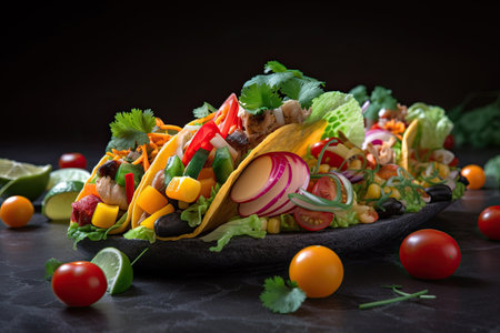 Mexican tacos with fresh vegetables and meat on a black background.の素材