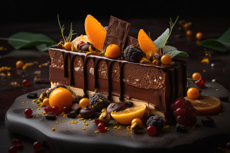 Chocolate cake with fruits and berries on dark background, selective focusの素材