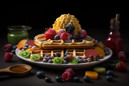Belgian waffles with fresh berries, fruits and honey on dark backgroundの素材