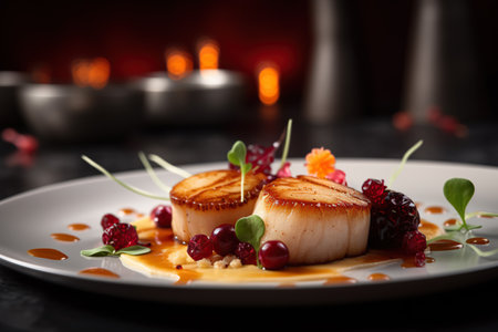 Delicious scallops with berries and caramel sauce on dark backgroundの素材