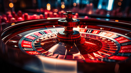 Casino roulette wheel in casino. Roulette wheel with red and black numbersの素材