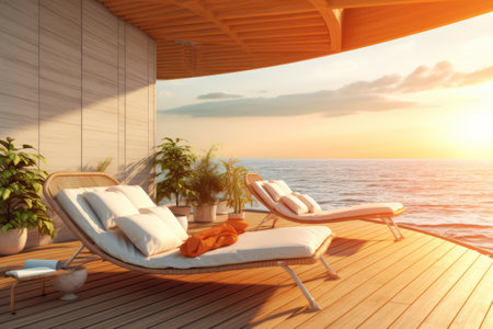 Wooden deck with chaise lounges on the background of the seaの素材