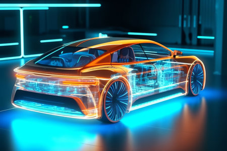 a car with neon lights in a futuristic environmentの素材
