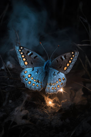 Butterfly on a dark background with a bright blue light.の素材