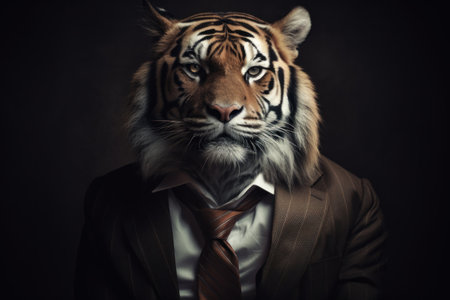 Portrait of a tiger in a business suit on a dark backgroundの素材