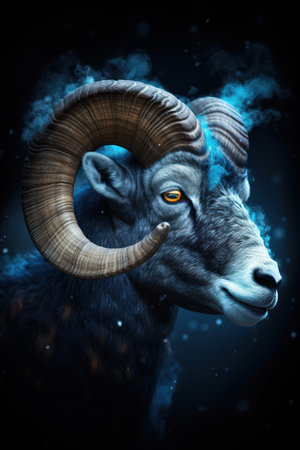 Mouflon ram with eyes closed and smoke coming out of the hornsの素材