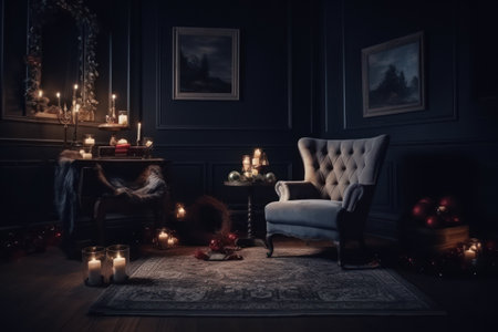Christmas living room interior with fireplace, armchair and Christmas decorations.の素材