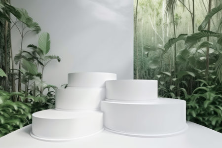 white podium for product display with green plants backgroundの素材