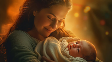 Young mother with her newborn baby in the room decorated with Christmas lightsの素材