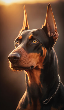 Portrait of a purebred doberman dog in the sunset lightの素材