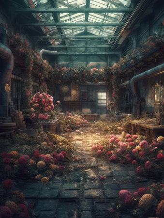 Beautiful flower garden in the old houseの素材