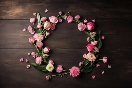 Beautiful spring flowers on dark wooden background. Flat lay, top viewの素材