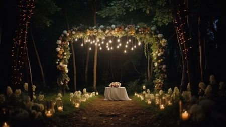 Wedding ceremony in the forest. Decorated with candles and flowers.の素材