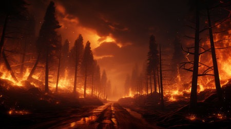 Burning forest at night. Big fire in the forest. Fire in the forest.の素材
