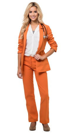 Blond business woman wearing orange suit and stethoscope isolated on white backgroundの素材
