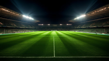 Football stadium at night with bright lights and green grassの素材