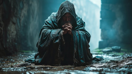 Man in the dark with a hood sitting on the ground and prayingの素材