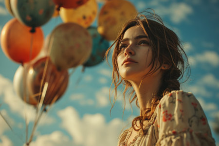 Young woman with balloons on sky background. Girl with long hair.の素材