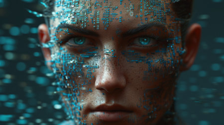Futuristic cyborg face with binary codeの素材