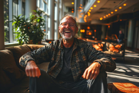 Elderly man sitting on a sofa in a cafe and smilingの素材