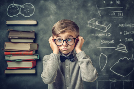 Cute schoolboy with glasses and books on the chalkboard backgroundの素材