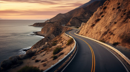 a winding road with a clear destination in the distance, symbolizing the journey towards achieving goals.の素材