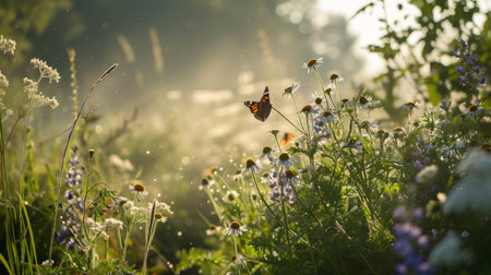 Butterfly on daisies in the meadow at sunriseの素材