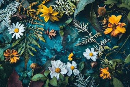 Flowers on blue background. Flat lay, top view, copy spaceの素材