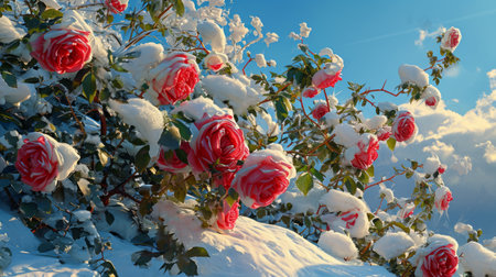 Beautiful red roses covered with snow in a garden on a sunny winter dayの素材