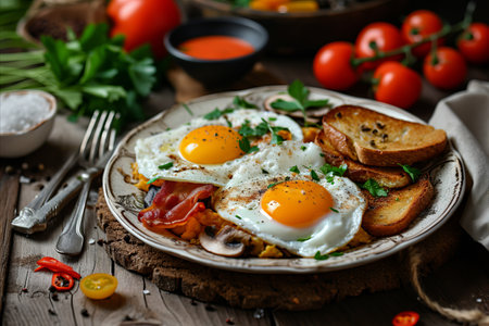Fried eggs with toasts and tomatoes on a wooden background.の素材